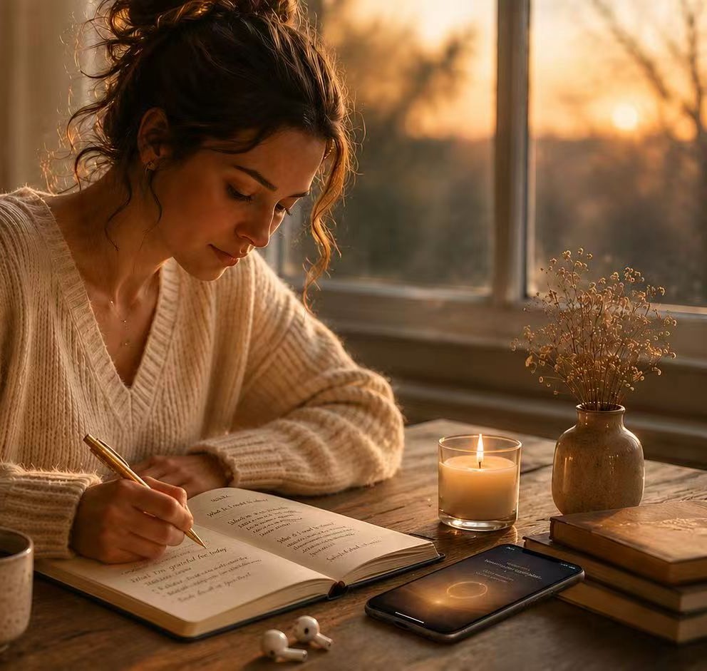 A quiet journaling moment with Still Return, a candle and tea beside the page
