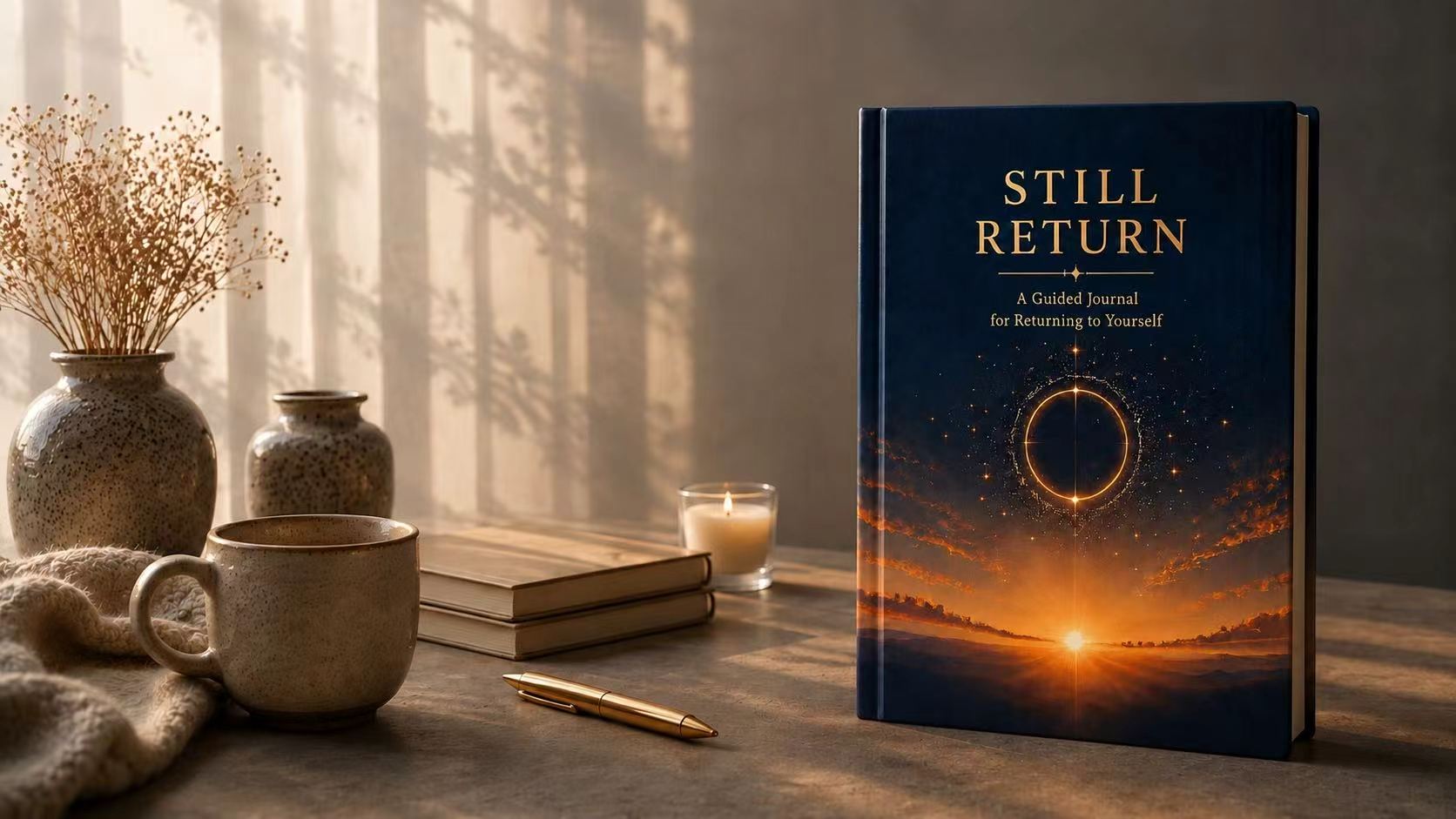 Still Return journal on a desk with coffee, candle and morning light